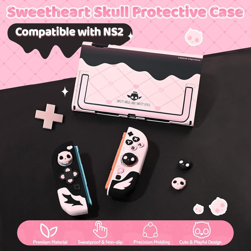 GEEKSHARE Protective Case Set Compatible with switch 2, PC Back Plate with Silicone Joysticks Covers, Includes 2 Thumb Grips, Waterproof Protection - Sweetheart Skull (Black & Pink) - Image 2